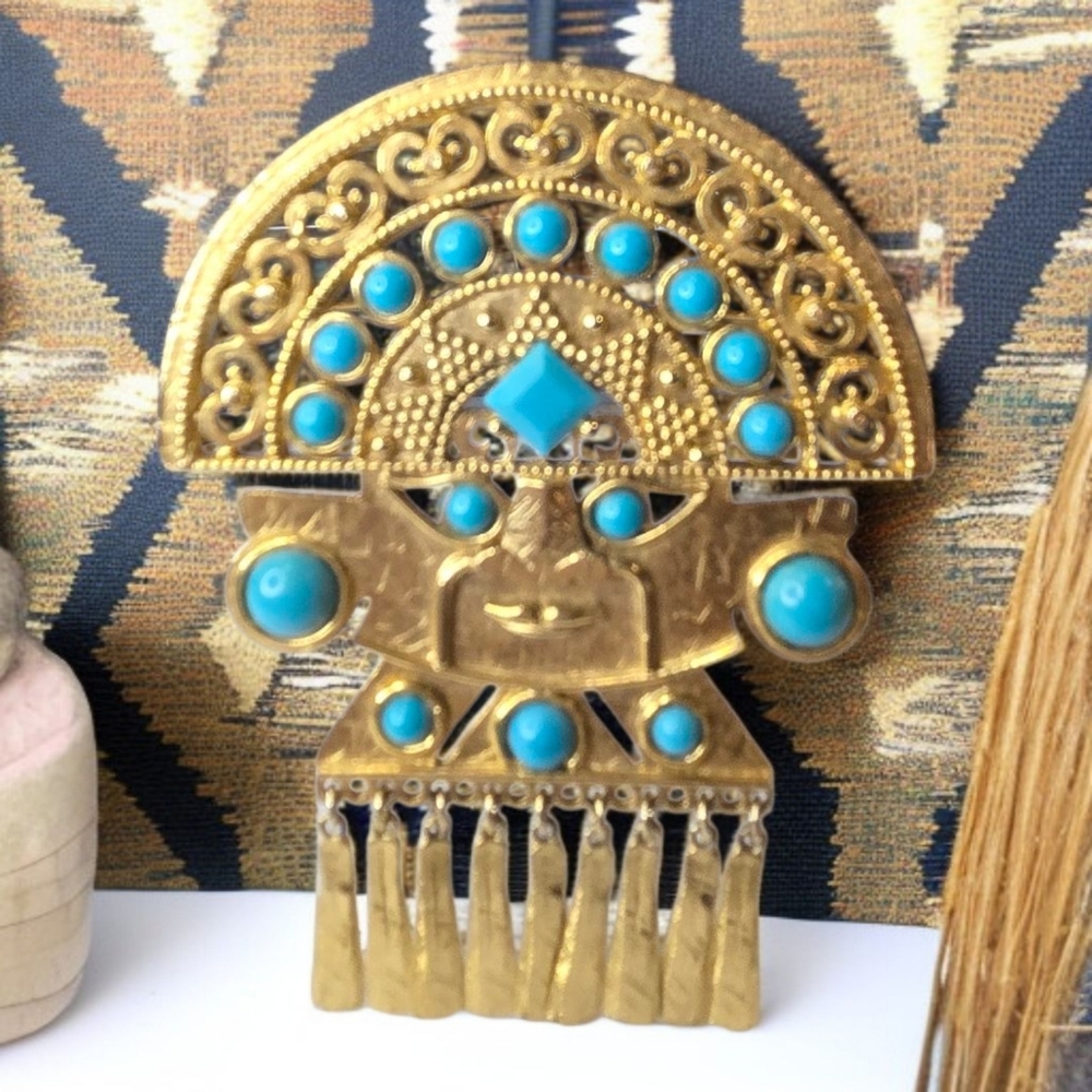 VINTAGE Huge Mayan Inca Tribal Gold Turquoise Brooch